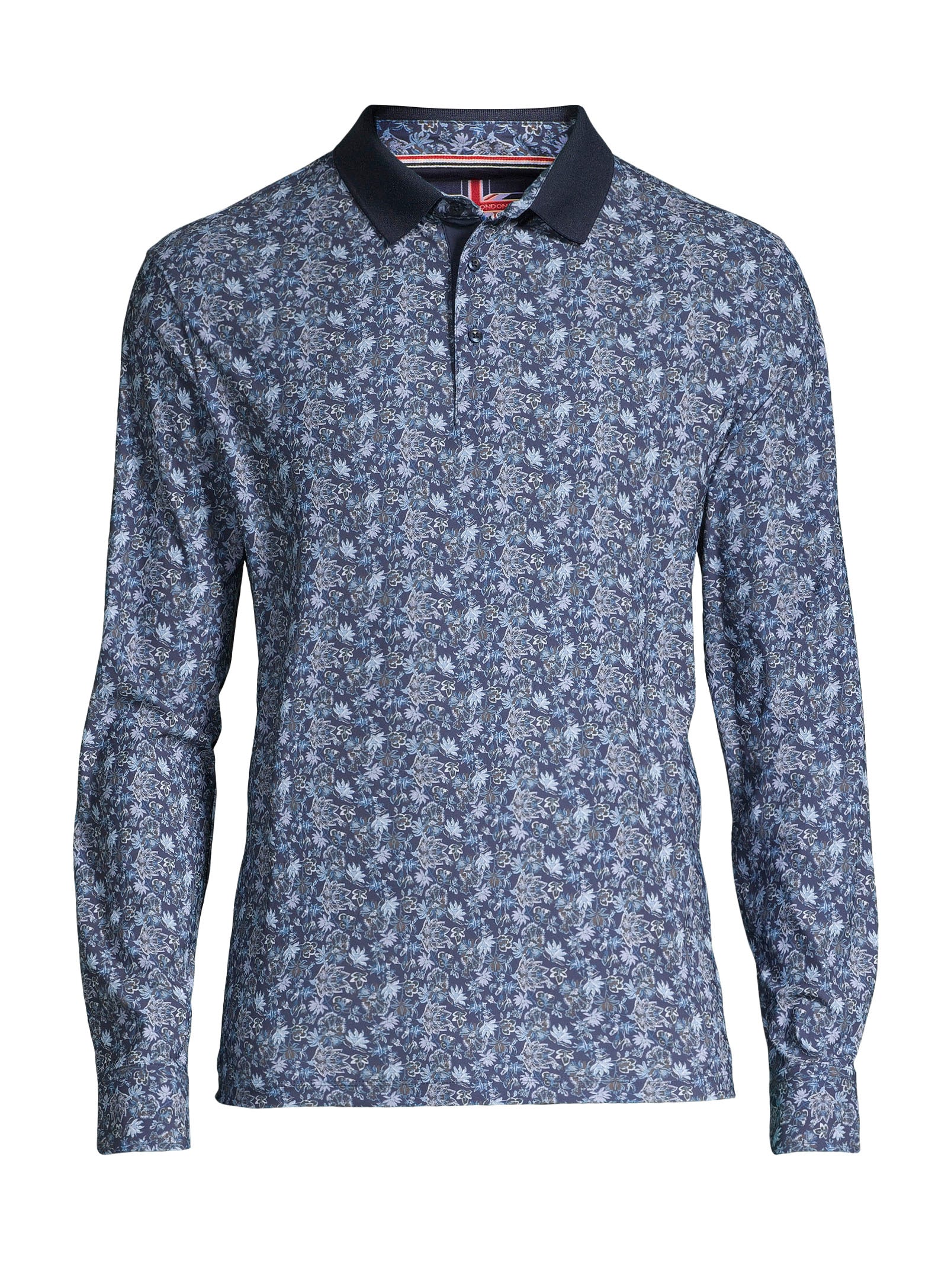 Long Sleeve Printed Polo - Navy